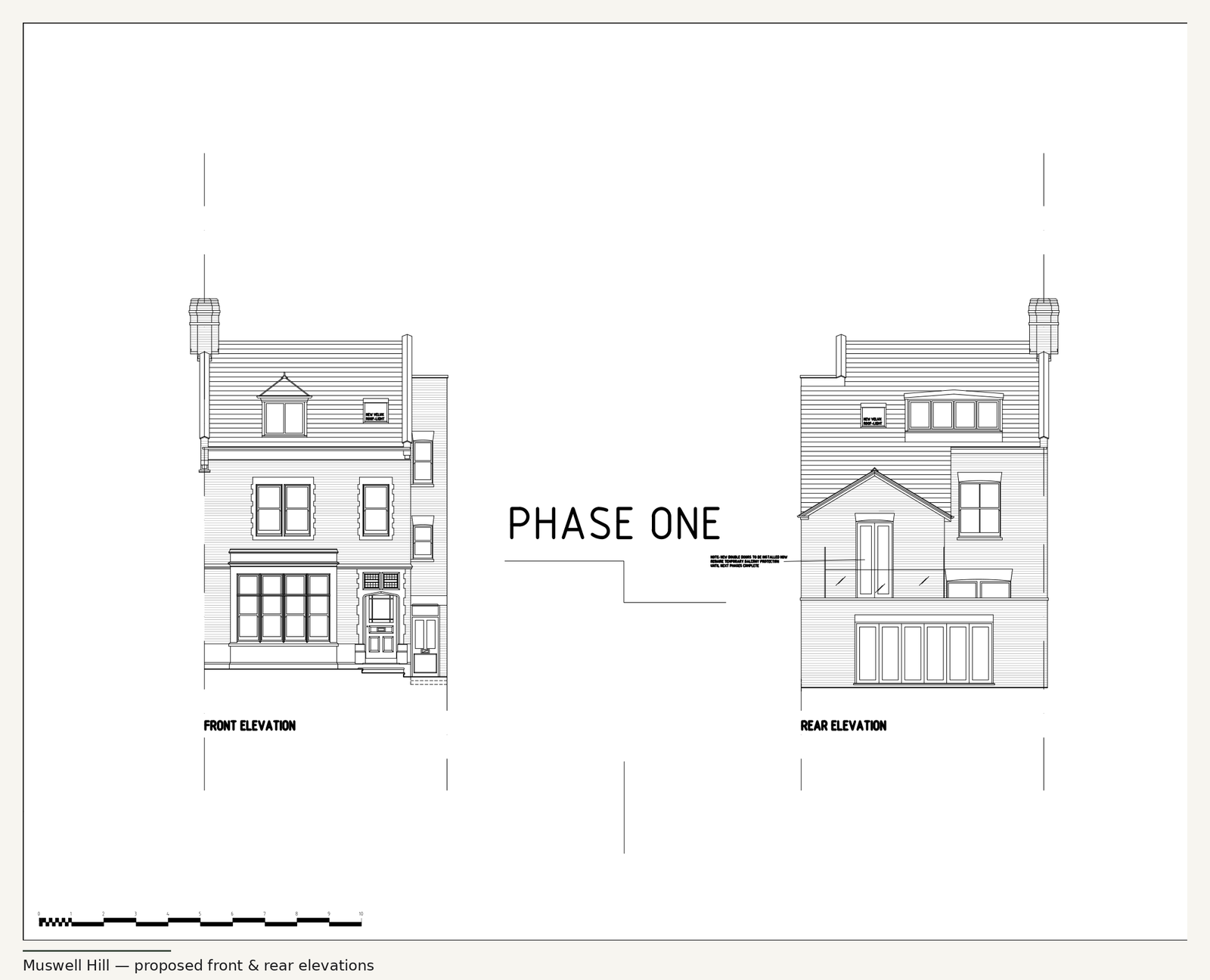 Proposed front and rear elevations, Muswell Hill four-flat conversion
