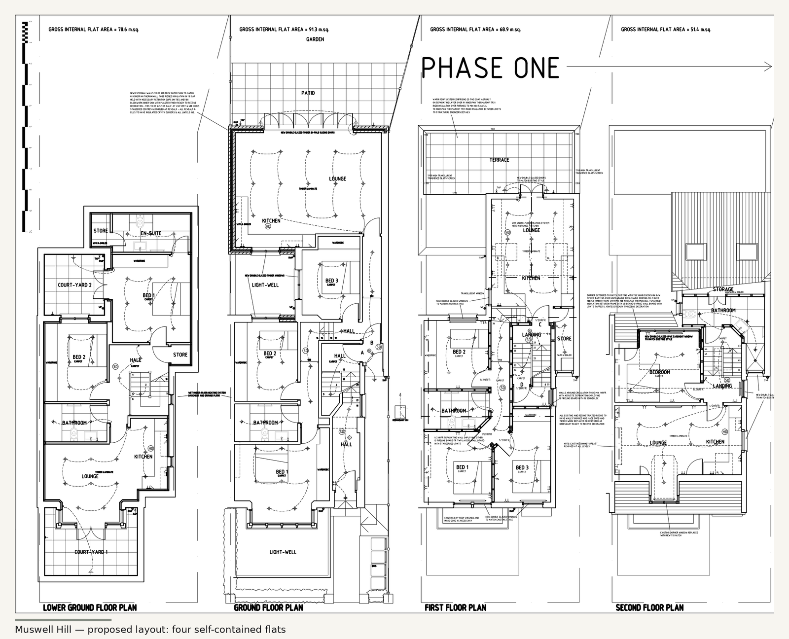 Proposed floor plans, four self-contained flats, Muswell Hill